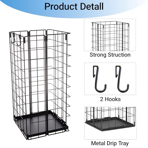 Umbrella Stand, Umbrella Holder for Entryway, Large Metal Foldable Umbrella Rack Organizer Freestanding, with Water Tray and Hooks, Rectangular Hollow Rack 9.5 x 9.5 x 19.7 Inches (Black)