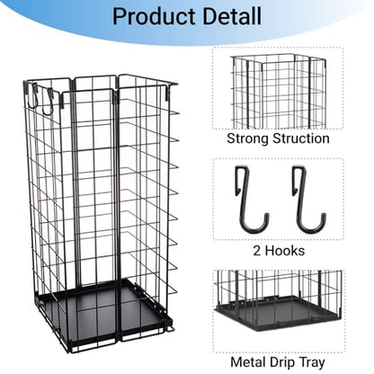 Umbrella Stand, Umbrella Holder for Entryway, Large Metal Foldable Umbrella Rack Organizer Freestanding, with Water Tray and Hooks, Rectangular Hollow Rack 9.5 x 9.5 x 19.7 Inches (Black)