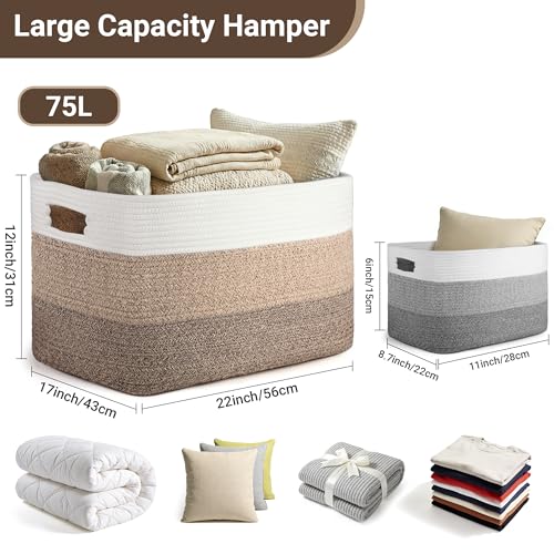 75L Large Woven Storage Basket, Cotton Rope Laundry Hamper with Handles, 22”x17”x12” Rectangle Blanket Basket for Toys, Clothes, Pillows, Nursery and Living Room, Gradient Brown/White