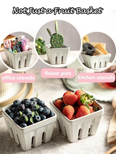 Gomakren Ceramic Berry Basket Set of 2, Square Fruit Bowl with Holes, Small Fruit Basket Containers for Kitchen Counter, Berries, Strawberry, Grape, Cherry, White