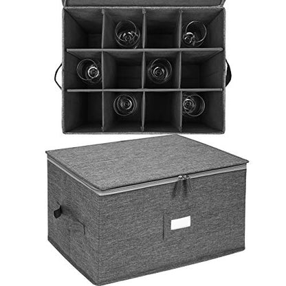 Stemware Storage Cases, Wine Glass Storage Box Containers for Crystal | Glassware Storage Containers Holds 12 Red or White Wine Glasses, Hard Top and Sides (Grey)