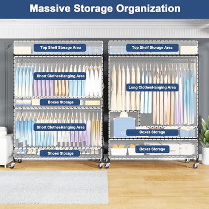 P8C Max Heavy Duty Clothes Rack（With Extended Width Design） Rolling Clothing Racks for Hanging Clothes with Lockable Wheels，51.2"W x 15.8"D x 80.5"H，Load 800LBS，Black Rack with Black Cover