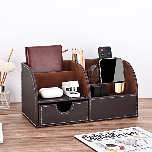 Pu Leather Desk Organizer Pen Pencil Holder Office Supplies Caddy Storage Box 6 Compartments with Drawer Brown