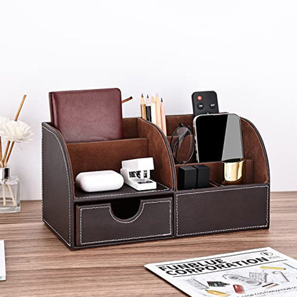 Pu Leather Desk Organizer Pen Pencil Holder Office Supplies Caddy Storage Box 6 Compartments with Drawer Brown