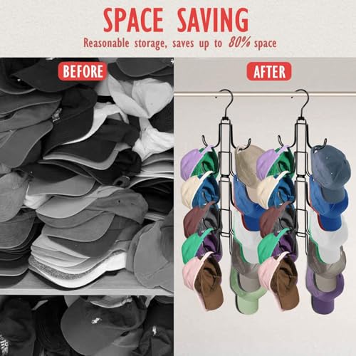 Hat Organizer for Closet: Collapsible Caps Rack with 10 Large Hooks | Hold Up to 40 Baseball Caps - Rotatable Metal Space Saving Hat Hanger for Display - Storage and Closet Organizers, Black