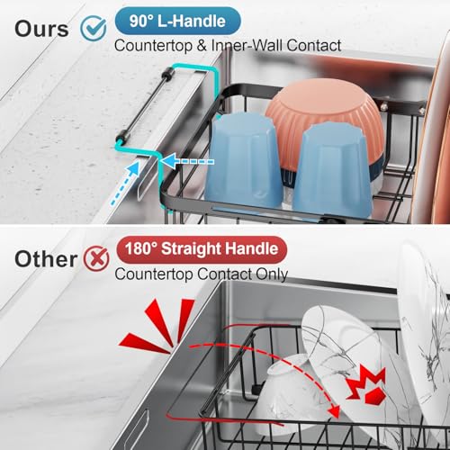 Dish Drying Rack Over the Sink, Expandable Dish Drainer for Small Kitchen, Apartment, RV, Dish Strainer with Utensil Holder and Twist-Lock, Space Saving, Black
