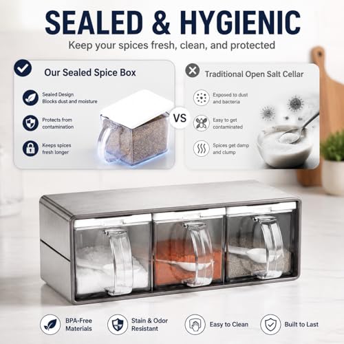 3 Grids Seasoning Organizer Box, Stainless Steel Salt Container with Lid and Spoon, Seasoning Containers with Stainless Steel Rack for Home, Kitchen, Cafe, Storing Salt, Sugar, Pepper, Spice
