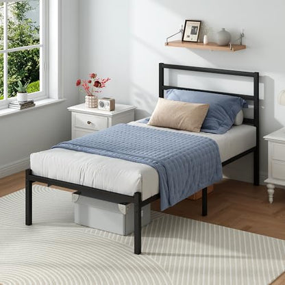 Twin Bed Frames with Headboard and Footboard, 14 Inch Metal Platform Twin Size Bed Frame with Steel Slat Support, No Box Spring Needed, Noise Free, Easy Assembly, Black
