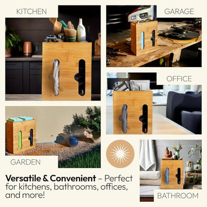Under Sink Organizer for Kitchen Cabinet - Bamboo Trash Bag Dispenser & Bag Holder – Pantry Organizer & Garbage Roll Holder for Cleaning Supplies, Apartment Essentials & Home Organization