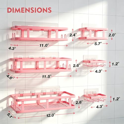 Pink Shower Caddy 6 Pack, Adhesive Shower Shelves | Pink Bathroom Decor, No Drilling, Rustproof, Large Capacity, 6 Adhesives, 24 Built-in Hooks, Dorm Apartment