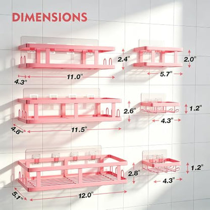 Pink Shower Caddy 6 Pack, Adhesive Shower Shelves | Pink Bathroom Decor, No Drilling, Rustproof, Large Capacity, 6 Adhesives, 24 Built-in Hooks, Dorm Apartment