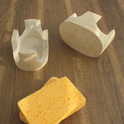 Natural Travertine Marble 2-Slot Sponge Holder for Kitchen Counter, 2-in-1 Stone Drying Rack, Sponge Caddy for Sink Organizer - Beige Travertine