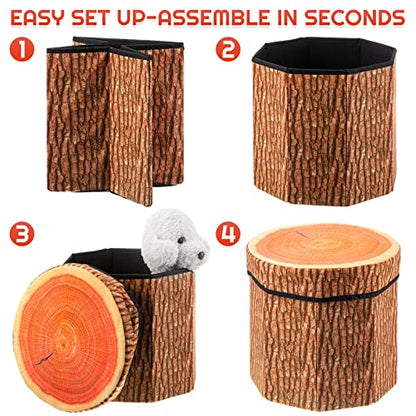 3 Pack Tree Stump Stool Toy Storage Ottoman 12 Inch,Classic | Forest Room Decor, Artificial Tree Trunk, Cute Folding Box with Foam Cushion, Woodland Collapsible Seat Chest