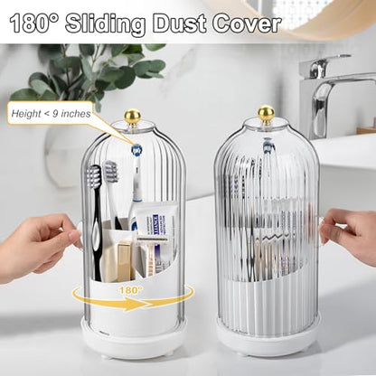 Toothbrush Holders with Cover Toothpaste Organizer for Bathroom, White | 360° Rotating, Dustproof Sliding Lid, Drainage Holes, Waterproof, for Kids Electric Toothbrush Makeup Brush Storage