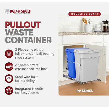 Rev-A-Shelf Double Pullout Garbage Trash Cans for Kitchen Cabinets, 35 Qt | Large Capacity Waste/ Recycling Bins, Heavy Gauge Wire Construction, with Full Extension Slides, Blue/White, RV-18KD-11RC-S