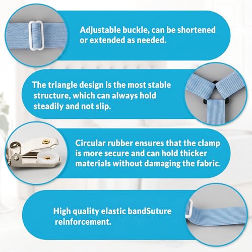 Bed Sheet Straps, 8-Pack Adjustable Bed Sheet Clips - Easy Install Secure Fit Clips, Non-Slip Elastic Holders for Fitted Sheets | Keep Sheets in Place (Blue)