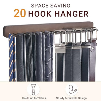 Mkono Tie Organizer, 2 Pack Wall Mounted Tie Rack Hanger Holder 20 Hooks | Save Space, Scratch-Free, Easy Install, Sturdy Wood, Organizer Storage Belts Scarves Necktie Jewelry, Bedroom Door