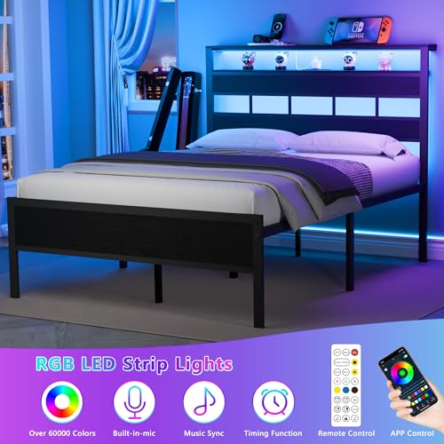 Full Size Bed Frame, Storage Headboard, LED & Charger, Black Oak
