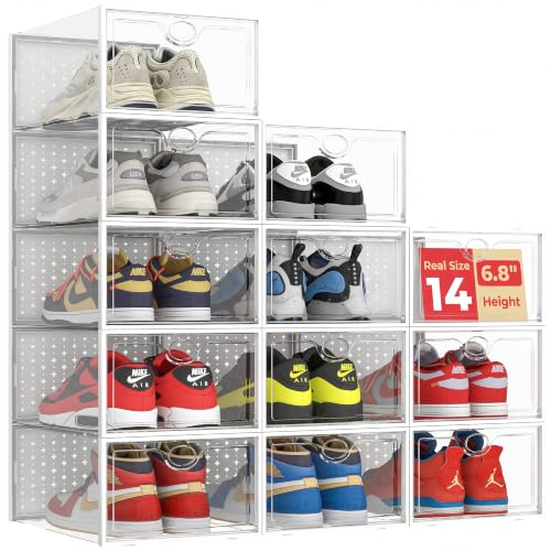 XXL 12 Pack Shoe Storage Box Clear Plastic Stackable Shoe Organizer | Large Capacity for Size 14, 6.8” Height for High Shoes, Ventilation Holes, Sneaker Storage for Sneakerheads, Closet Entryway