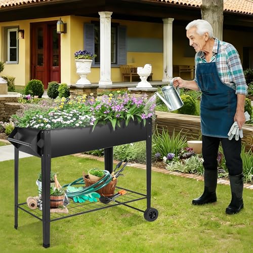32" Rolling Raised Garden Bed with Wheels, Heavy Duty Metal Elevated Planter Box, Outdoor Flower Cart Plant Stand, Raised Planter with Storage Shelf for Patio Balcony Backyard Growing