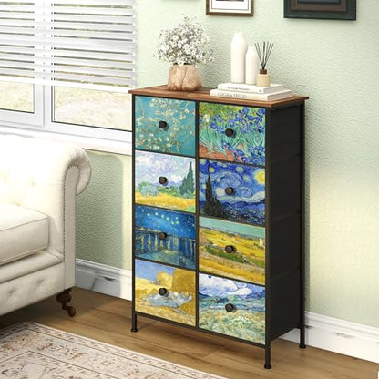 EXOTICA Tall Dresser with 8 Drawer for Bedroom Narrow Van Gogh Chest of Drawers for Hallway Closet Living Room Steel Frame Rustic Brown Wood Grain Wood Top