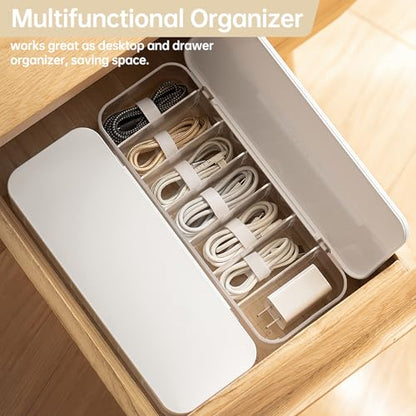 Cable Organizer Storage Box with Lid, 7 Wire Ties, White | Adjustable Dividers, Holds Power Cords & Charger, Dust-Proof, Desktop Accessories & Stationery Supplies for Home & Office