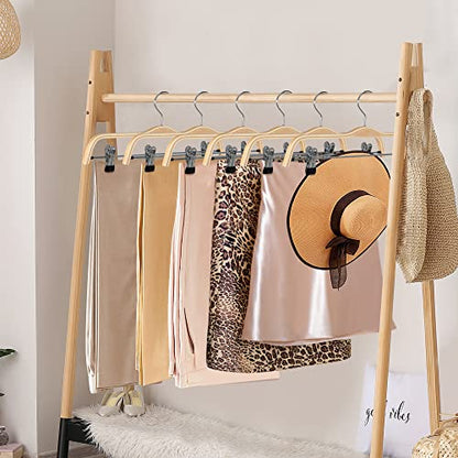 JS Hanger Wooden Pant Hangers, 5-Pack Light Weight Wood Skirt Hangers with Anti-Rust Hook and 2-Adjustable Clips