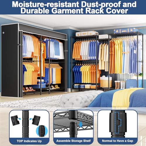 E12C Pro Heavy Duty Closet Organizer System，Freestanding Clothing Rack, Adjustable Garment Rack 71" W x 16" D x 76.5" H Holds 960 lbs, Black Rack with Black Dustproof Cover