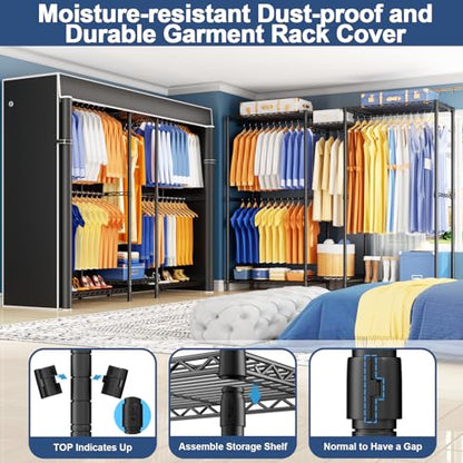 E12C Pro Heavy Duty Closet Organizer System，Freestanding Clothing Rack, Adjustable Garment Rack 71" W x 16" D x 76.5" H Holds 960 lbs, Black Rack with Black Dustproof Cover