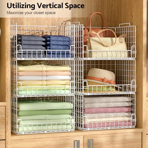 6-Tier Stackable Closet Organizers and Storage Basket - Foldable Closet Shelf Organizer System, Sturdy Metal Space-Saving Clothes Storage Bins for Wardrobe, White