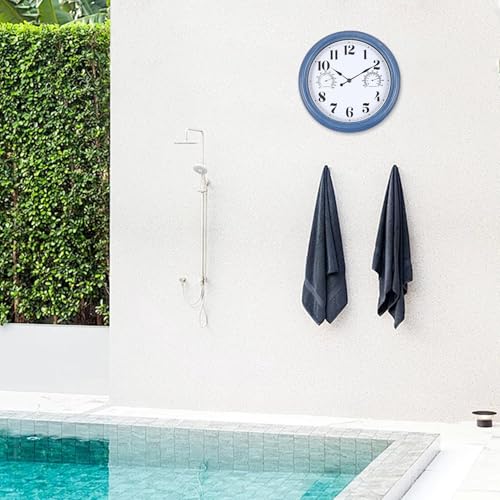 12 inch Outdoor Clock Blue Waterproof Wall Clock with Temperature | Water Resistant Outdoor Clocks for Patio Garden
