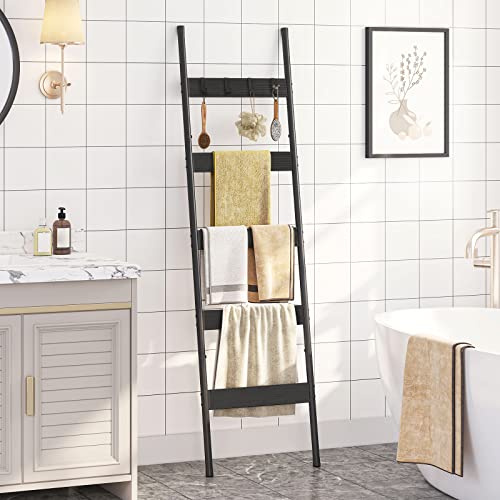 HOOBRO Blanket Ladder, 5-Tier Towel Rack with Hooks, Wall-Leaning Blanket Rack, Decorative Display Ladder Shelf, Scarves, Industrial, Living Room, Bedroom, Black BB52CJ01