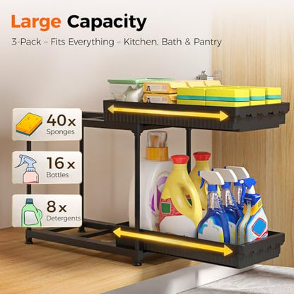 3-Pack 2-Tier Under Sink Organizers with Sliding Drawers | Multi-use kitchen & bathroom storage, 14.8 inch 2-Tier Sliding cabinet organizer, space-saving sliding drawer design.