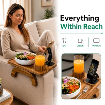 Couch Armrest Table with Cup Holder (15.31" x 9.65") - Acacia Sofa Arm Tray Organizer with Magnetic & 360° Rotating Phone Holder - Fits Couch Arm for Drinks, Snacks & Remote Control