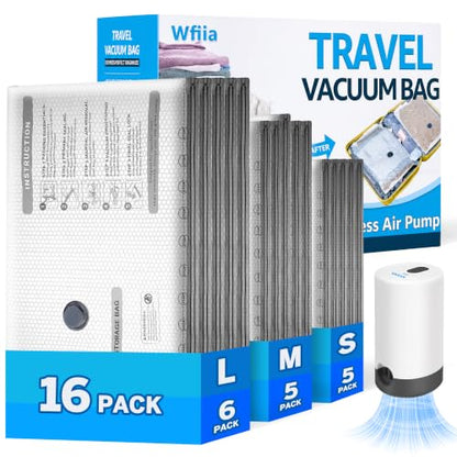 15+1 Packs Vacuum Bags for Travel with Rechargeable Pump, 3 Sizes Vacuum Seal Bags for Clothing, Compression Vacuum Travel Bags for Luggage, Vacuum Packing Bags for Closet Organization
