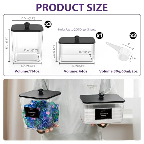 3+1 Pack Clear Laundry Pods Container & Dryer Sheet Holder Black Lid | Laundry Organization, Square Design, 2 Scoops & 12 Labels, For Detergent Powder, Laundry Pods, Dryer Sheets, Dryer Balls