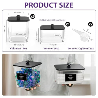 3+1 Pack Clear Laundry Pods Container & Dryer Sheet Holder Black Lid | Laundry Organization, Square Design, 2 Scoops & 12 Labels, For Detergent Powder, Laundry Pods, Dryer Sheets, Dryer Balls