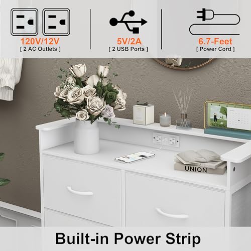 White Dresser for Bedroom with Power Outlets and LED Lights Narrow 8 Fabric Drawers Dressers Tall Storage Tower Unit for Entryway Closet Hallway Living Room Sturdy Steel Frame Wooden Top