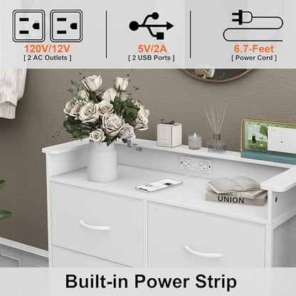 White Dresser for Bedroom with Power Outlets and LED Lights Narrow 8 Fabric Drawers Dressers Tall Storage Tower Unit for Entryway Closet Hallway Living Room Sturdy Steel Frame Wooden Top