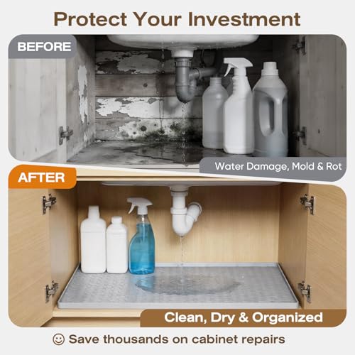 Waterproof Under Sink Mat, 34"x22", Drip Tray Shelf Liner, Grey | Silicone, Cabinet Protector, Home Organizer, for Kitchen, Bathroom, Multipurpose, Easy Clean, Leak Proof, Organizes Cabinets