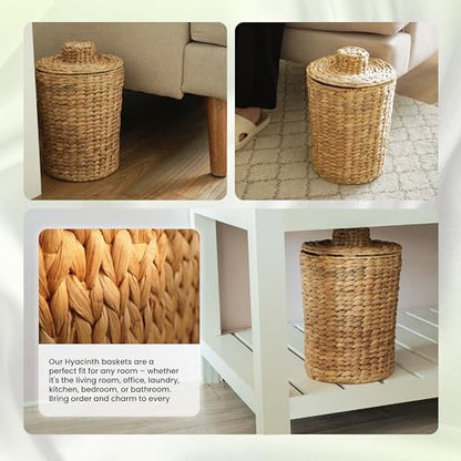 Tidita Water Hyacinth Bathroom Garbage Can with a Lid, 2 Gallon Capacity | Water Hyacinth, Iron Frame, Removable Liner, Compact, Handwoven Design, Boho Style, Kitchen, Bedroom, Office, No Assembly