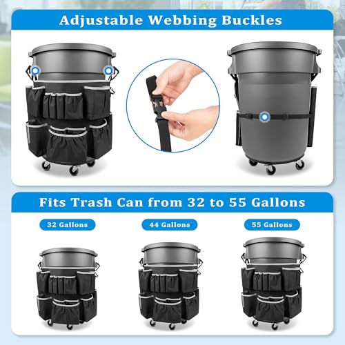 HODRANT Trash Can Caddy Bag with 13 Pockets Fit 32-55 Gallon Garbage Bin | Cleaning Caddy Bag with Adjustable Buckle for Industrial Trash Can, Cleaning Tool Organizer for Clean Supplies, Gray Edge