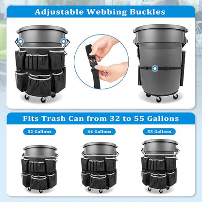 HODRANT Trash Can Caddy Bag with 13 Pockets Fit 32-55 Gallon Garbage Bin | Cleaning Caddy Bag with Adjustable Buckle for Industrial Trash Can, Cleaning Tool Organizer for Clean Supplies, Gray Edge