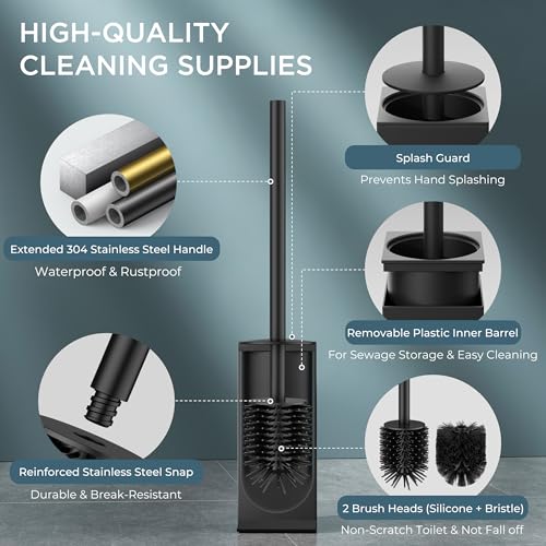 FORIOUS Toilet Brush and Holder Set with 2 Brush Head Square Medium Black | Heavy Duty 304 Stainless Steel Base, Silicone and Plastic Brush Heads, Long Handle for Deep Cleaning, Drip-Proof