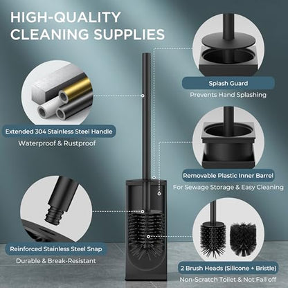 FORIOUS Toilet Brush and Holder Set with 2 Brush Head Square Medium Black | Heavy Duty 304 Stainless Steel Base, Silicone and Plastic Brush Heads, Long Handle for Deep Cleaning, Drip-Proof