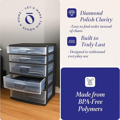 HOMZ Drawer Tower, 5-Tier Extra-Wide Clear Plastic Storage Organizer Cart, Black Frame - Stackable Container Boxes for Bedroom, Bathroom, Garage, and Office Organization