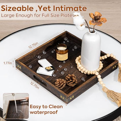 Serving Tray with Handles,Wood Decorative Tray,Square Large Serving Platter | 12.75"Wood Tray for Living Room,Modern Coffee Table Tray | Candle Holder Tray,Ottoman tray for Bed,Kitchen,Bathroom,Breakfast