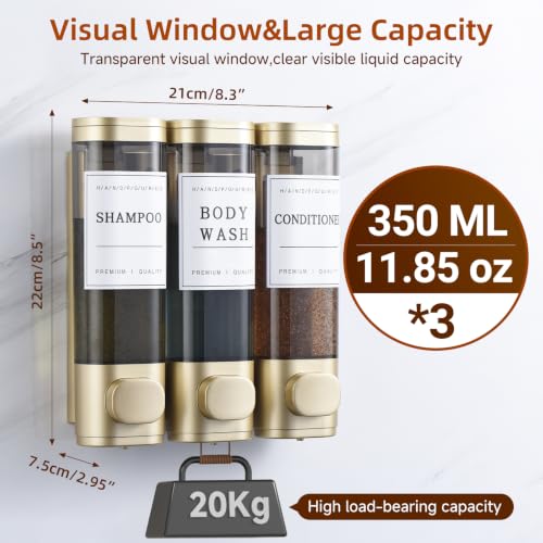 Shampoo and Conditioner Dispenser,Shower Soap Dispenser 3 Chamber No Drill Wall-Mounted for Bathroom & Hotel Leak-Proof Pumps, for Thick Liquids Like Conditioner - 1050ML High Capacity,Gold