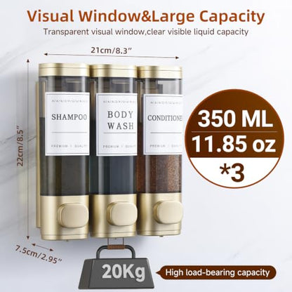 Shampoo and Conditioner Dispenser,Shower Soap Dispenser 3 Chamber No Drill Wall-Mounted for Bathroom & Hotel Leak-Proof Pumps, for Thick Liquids Like Conditioner - 1050ML High Capacity,Gold