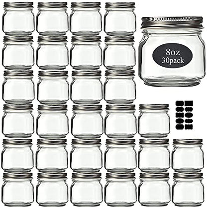 Mason Jars 8 oz 30 Pack Small Glass Caning Jars with Silver Lids